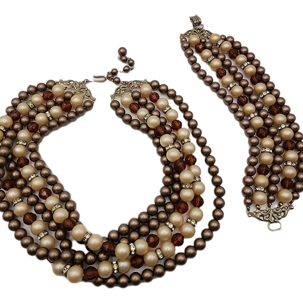Vintage Faux Bronzed Pearl Rhinestone Adj Multistrand Retro Choker Bracelet Set